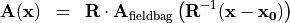 \begin{eqnarray*}
\VField{A} (\pvec{x}) & = & \void{\TField{R}} {\VField{A}_{\mathrm{fieldbag}}} \clear{\TField{R}} \left( \TField{R}^{-1} ( \pvec{x}-\pvec{x_0} ) \right)
\end{eqnarray*}