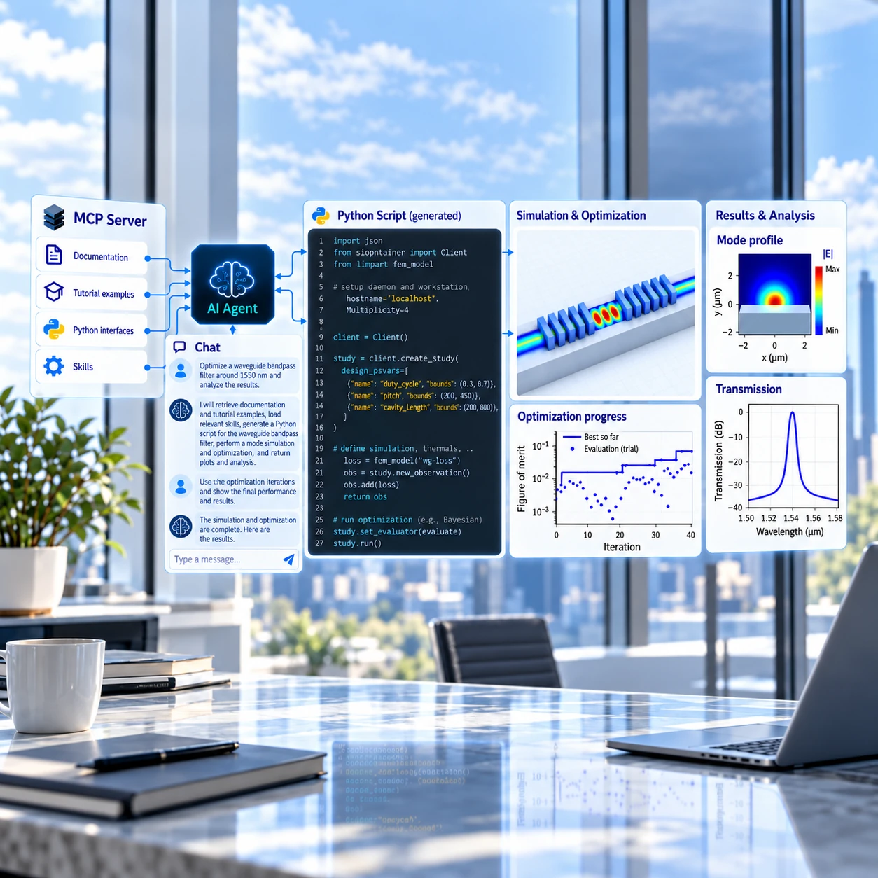 Illustration connecting documentation and an AI agent to scripts, photonics simulation, optimization, and results analysis.